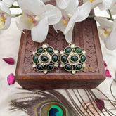Vriksham Antique Green Kundan Floral Stud Earrings-G20143